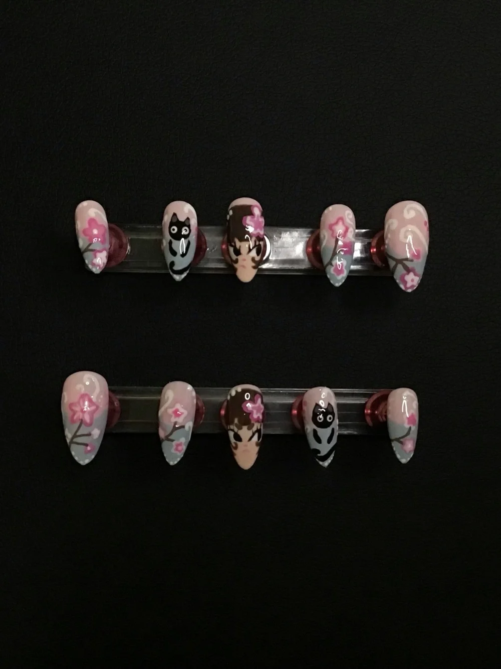 Hand-Painted Pink Floral & Character Press-On Nails